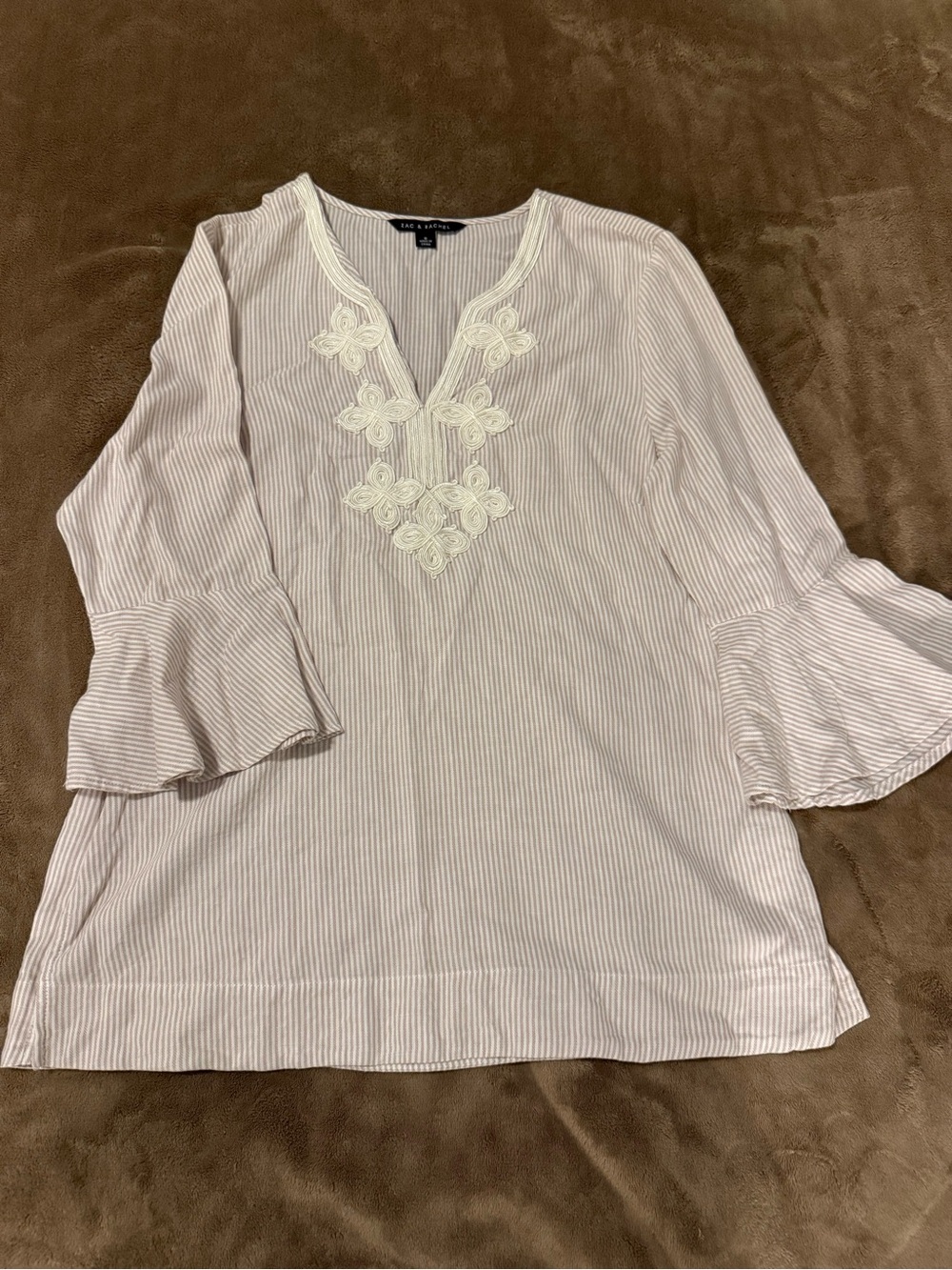 White and Tan Striped Embroidered V-Neck Women’s Top Rachel Zoe